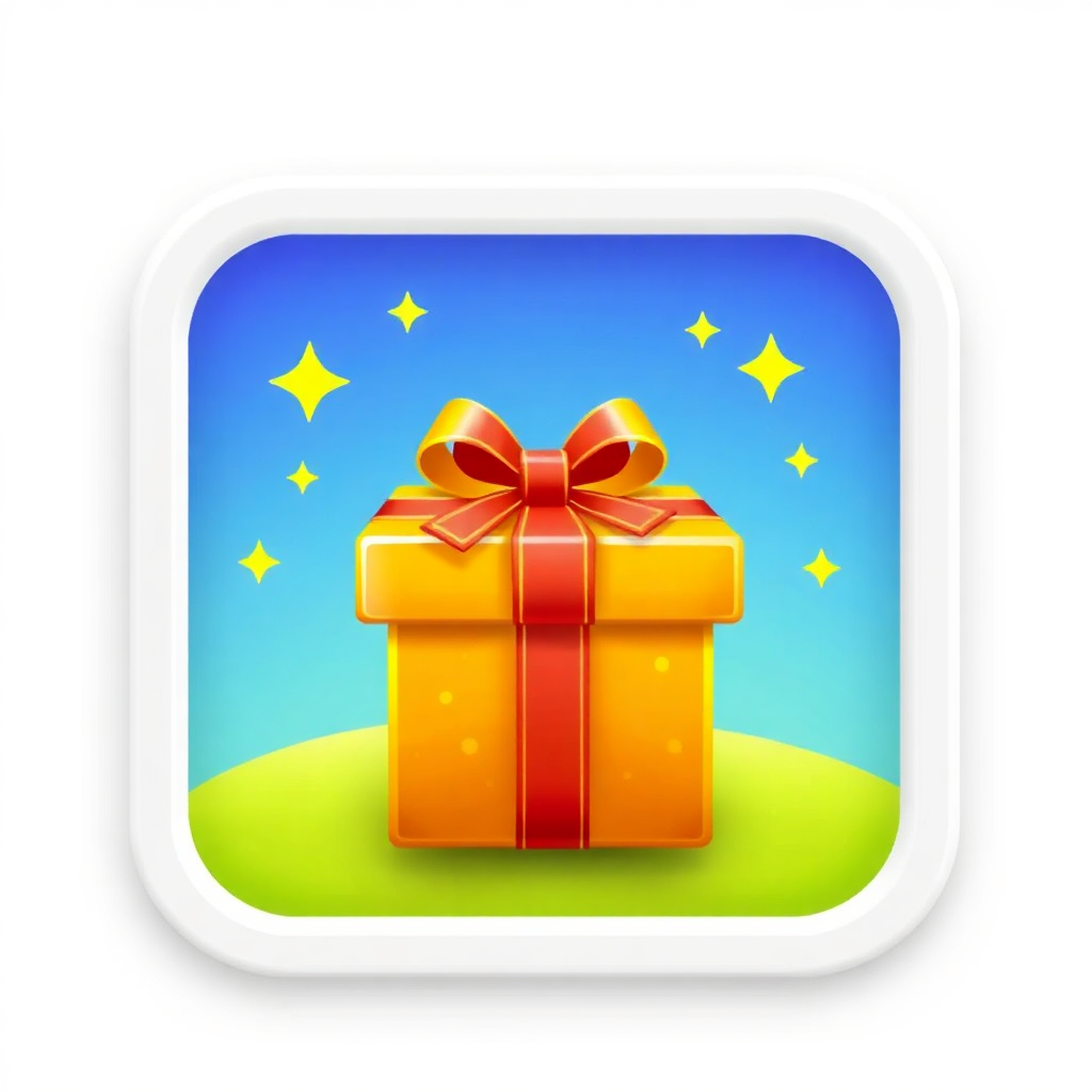 The image is a square icon with a blue background and a green grassy field. In the center of the icon, there is a yellow gift box with a red ribbon tied in a bow on top. The gift box is rectangular in shape and appears to be made of a shiny material. The background is a gradient of blue and green, with small yellow stars scattered throughout. The overall design is simple and cartoon-like.