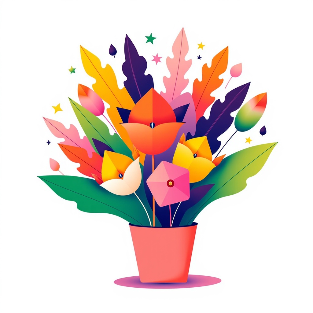 A digital art illustration of a modern bouquet with geometric shapes and bold colors.