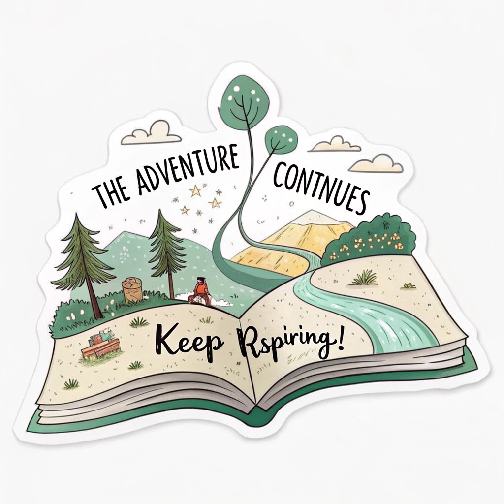 Sub-Design Idea 3 (Storybook Path): Shows an open book whose pages transform into a winding path or a subtle landscape (e.g., small trees, river). The phrases 'The Adventure Continues' and 'Keep Inspiring!' are integrated onto the book's pages or along the path, rendered in a whimsical, inviting, possibly hand-drawn style, evoking the narrative of a teacher's impact.
