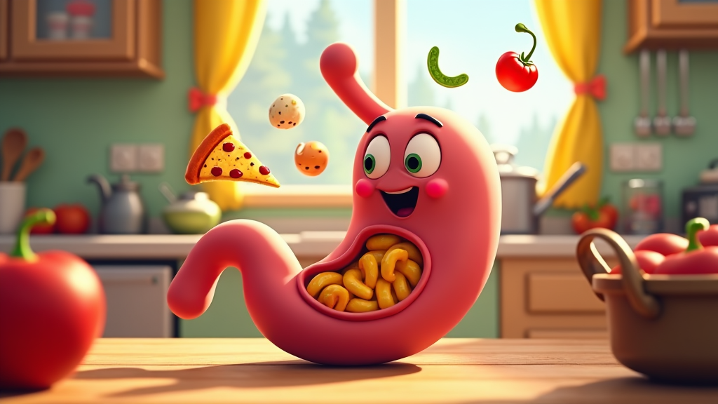 The image shows a cartoon worm with a pizza in its mouth sitting on top of a kitchen counter. On the table in front of the worm, there is a bowl of vegetables and a tomato. In the background, there are kitchen utensils, spoons, a kettle, and other objects on the countertop, as well as cupboards, curtains, and a window. The image is animated, giving it a lively and vibrant feel.