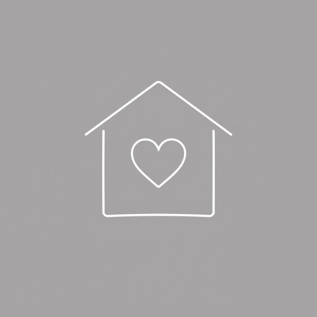 A single, continuous line forming a minimalist house silhouette (gable roof and square base), perhaps with a subtle heart integrated into the line or as negative space within the house, symbolizing care and home.