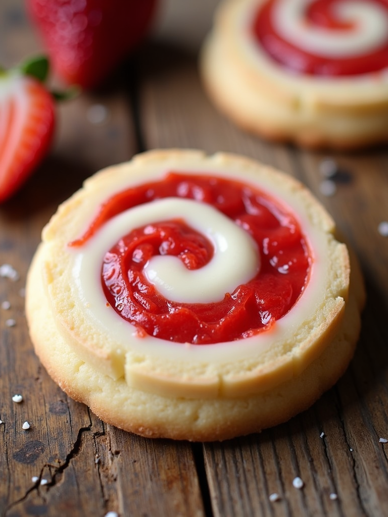 A pinwheel cookie where a ribbon of strawberry dough spirals around a cream cheese dough, creating a visually appealing treat.