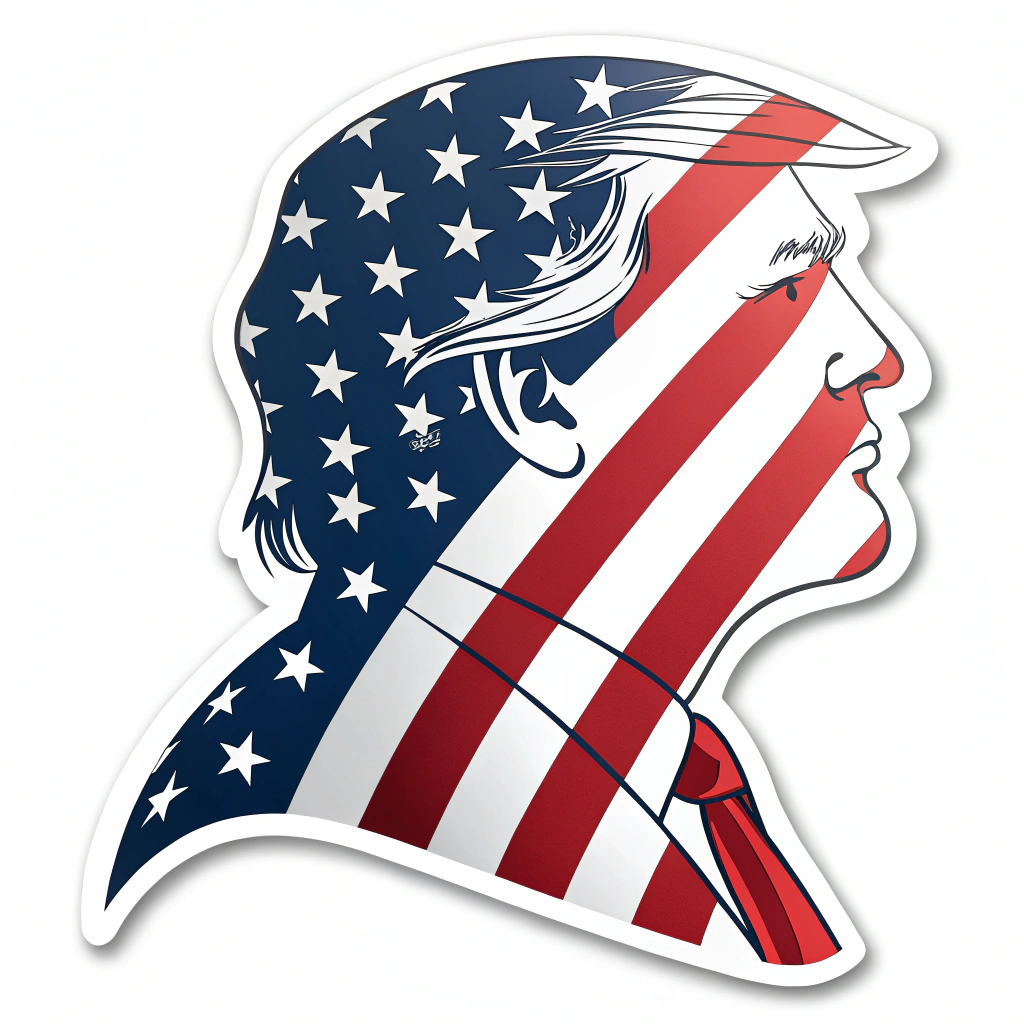 A sticker design that merges the American flag with the silhouette of Donald Trump's head.