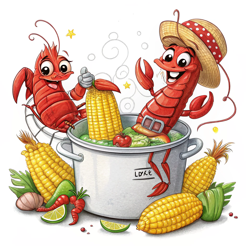 A whimsical design showcasing anthropomorphic crawfish and corn cobs having a party in a Lowcountry boil pot, wearing Creative South-themed attire.