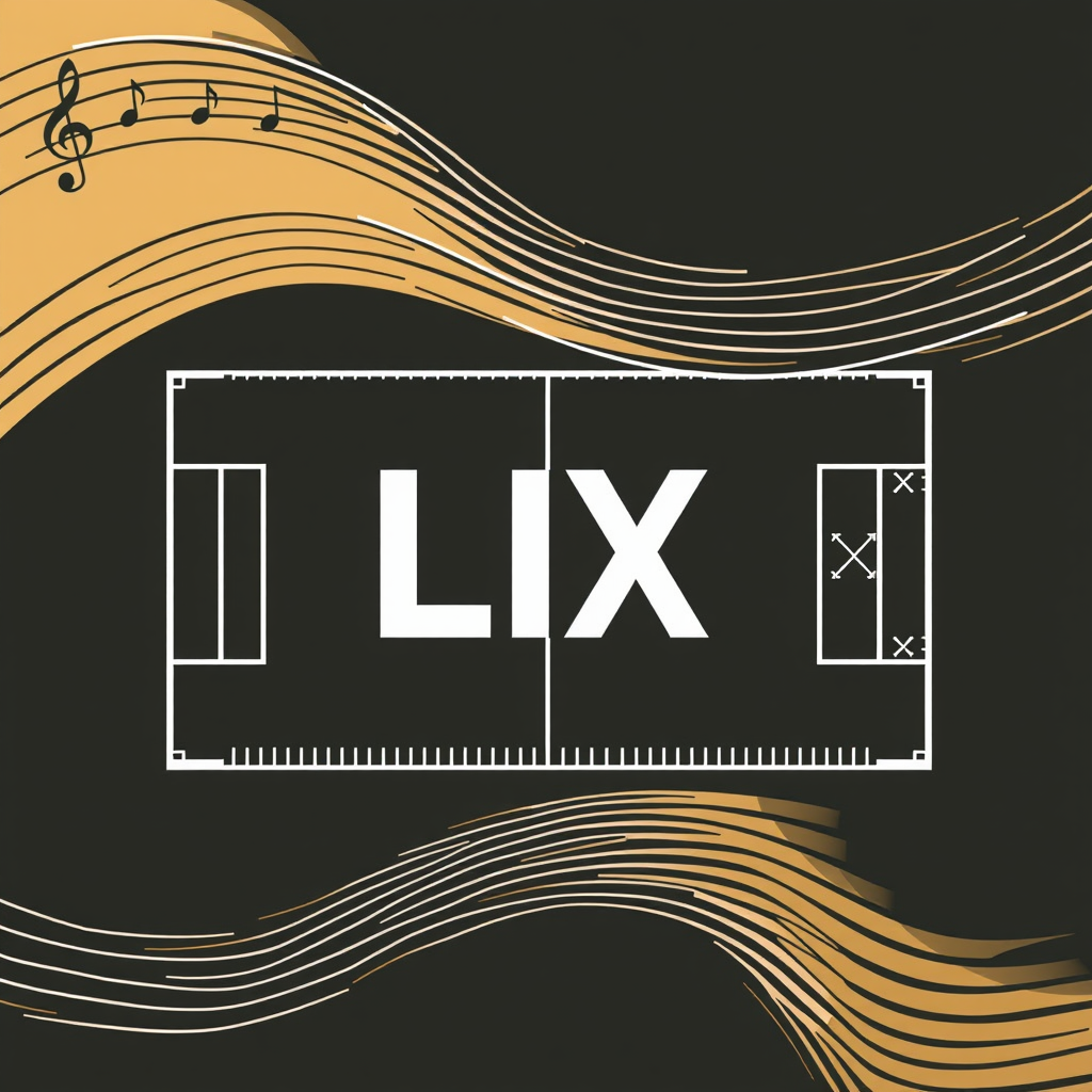 An abstract composition featuring flowing musical staff lines representing jazz, which transform into strategic football field yard lines and X's and O's play diagrams, framing a striking, centrally placed 'LIX'.