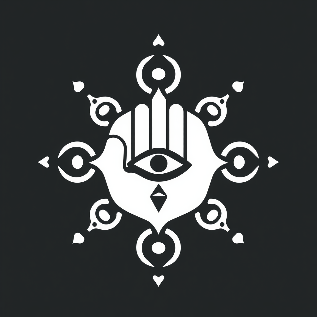 Symbolic Fusion: A central design mark that creatively merges a few universally recognized symbols (e.g., hand, eye, spiral) from various cultures, representing shared human creativity and diverse perspectives in design.