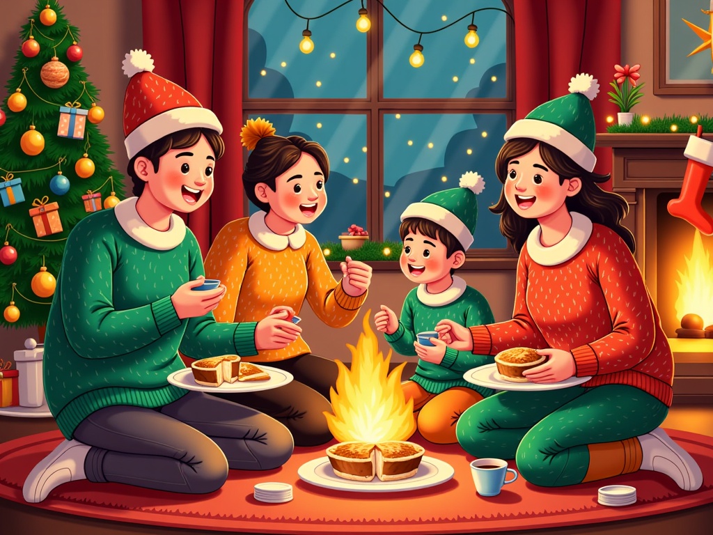  a family of four sitting around a fire pit in a living room decorated for Christmas. The family consists of a father, mother, and two children. The father is wearing a red Santa hat and a green sweater, while the mother and children are wearing matching Christmas hats. They are all smiling and holding plates of food in their hands. The children are also smiling and appear to be enjoying their meal.  In the background, there is a Christmas tree decorated with colorful ornaments and lights, and a fireplace with stockings hanging above it. The room is lit with warm lights, creating a cozy and festive atmosphere. The overall mood of the image is happy and festive.