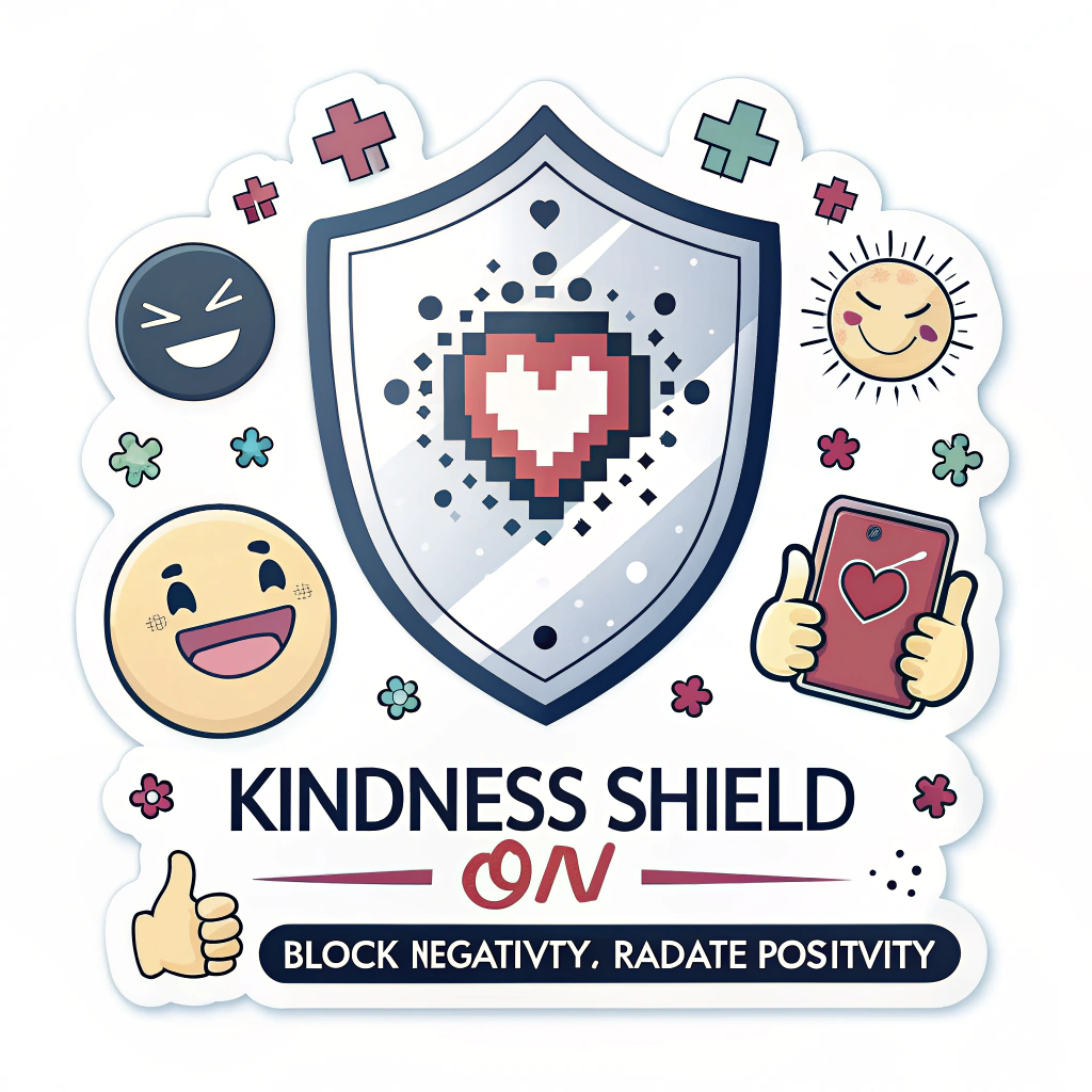 A friendly shield icon with a glowing heart at its center, actively deflecting pixelated or 'glitchy' negative emojis (like angry faces, thumbs down) while positive emojis (like smiles, hearts, thumbs up) pass through or emanate from it. Text: 'Kindness Shield On' or 'Block Negativity, Radiate Positivity'.