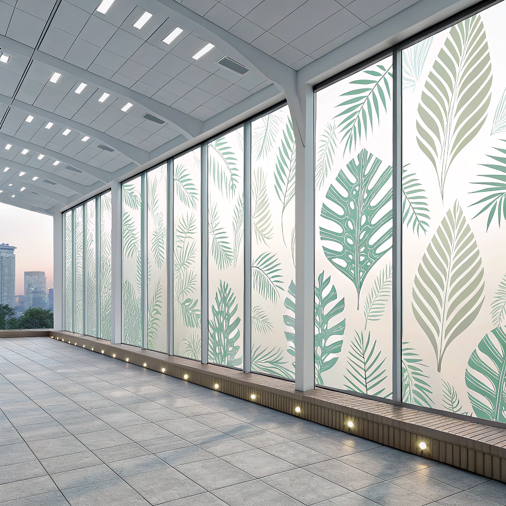 Translucent or transparent surface patterns with embedded light-redirecting elements (e.g., micro-louvers, prismatic films, or anidolic systems) to maximize daylight autonomy deep within building interiors and reduce artificial lighting energy consumption.