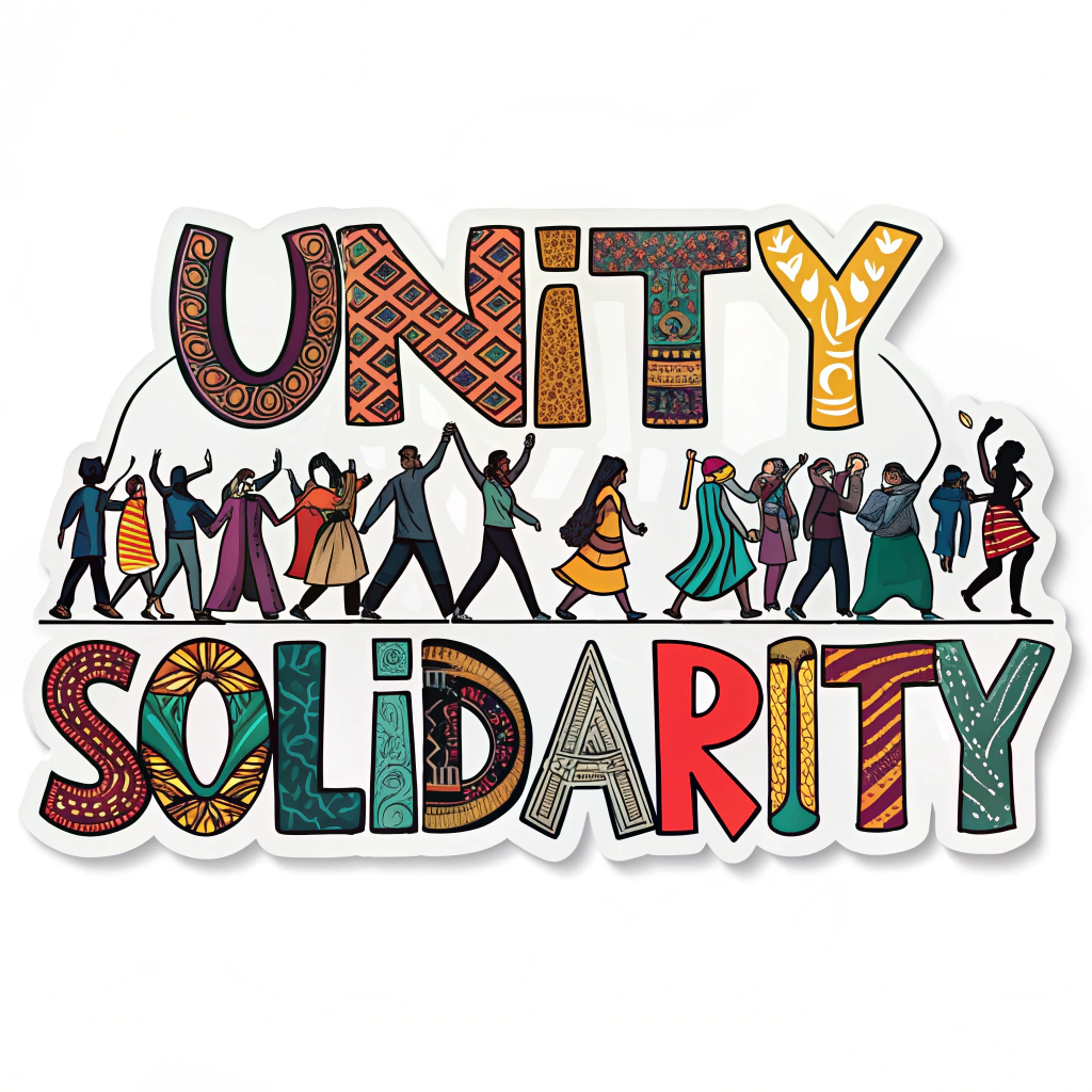 Create a dynamic sticker with the words 'UNITY' or 'SOLIDARITY' in a bold, impactful font. The letters are filled with patterns representing different cultures or industries, or they are being held up by small, stylized figures of people.
