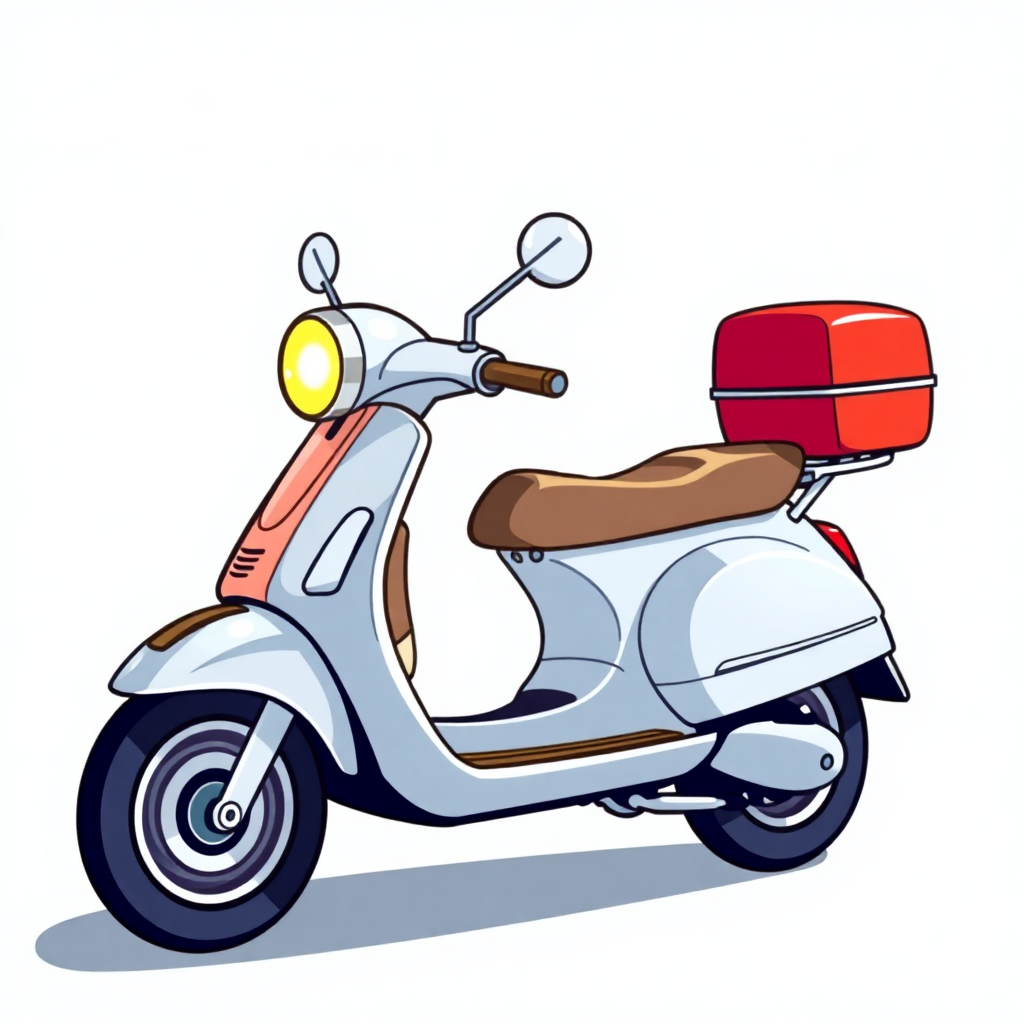 The image is a digital illustration of a scooter. The scooter is white with a brown seat and a red box on the back. It has a round headlight and two side mirrors on the front. The handlebars are curved and the scooter appears to be in motion. The background is plain white.