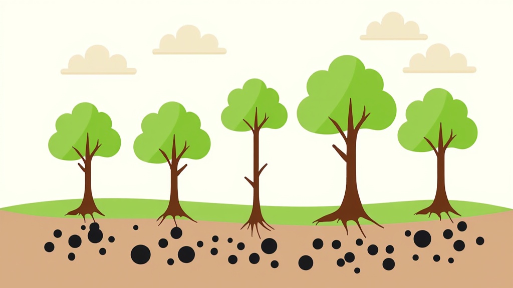 Stylized Carbon Cycle Diagram: Illustrate the process of trees absorbing atmospheric CO2 (perhaps depicted as dark particles or molecules) and sequestering it into their biomass (roots, trunk, leaves) while releasing oxygen. This could include visual cues for soil carbon enhancement.