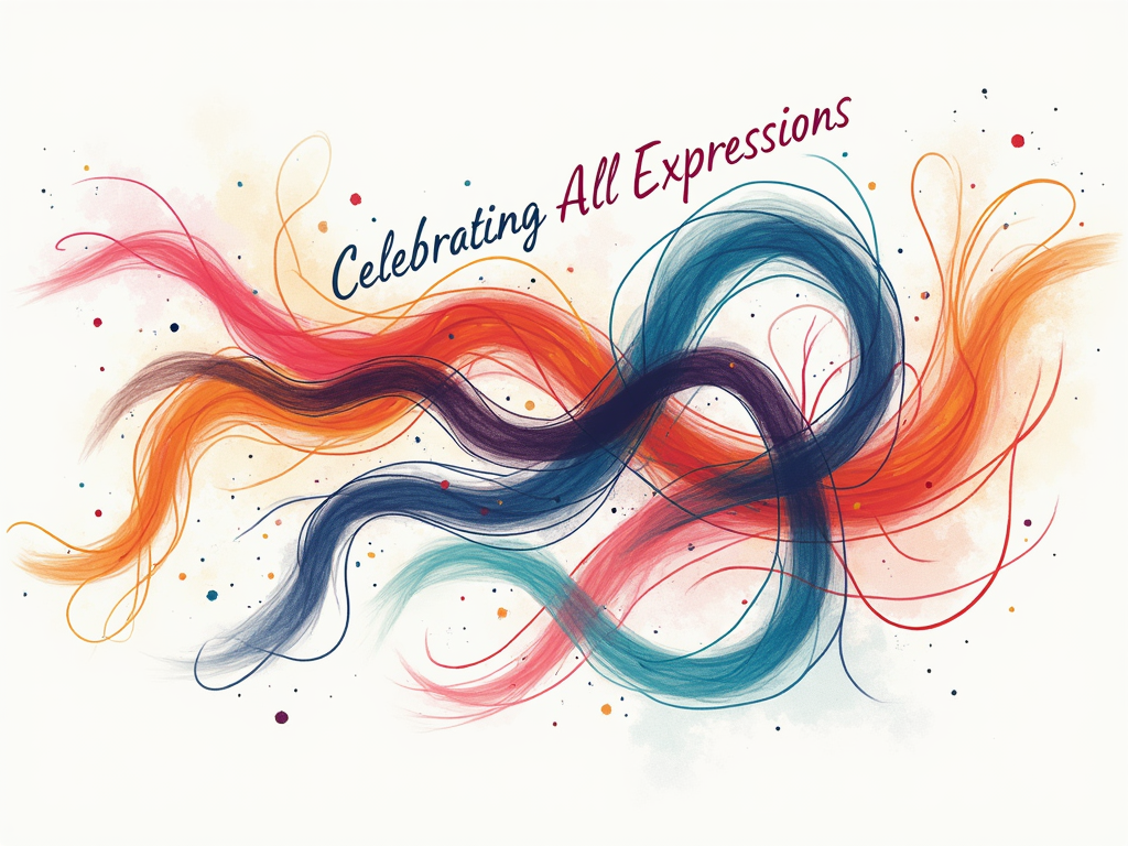 Interconnected Threads: An elegant line art design showing multiple, distinct yet intertwined fluid lines or ribbons in various colors and textures, weaving together to represent the coexistence and interconnectedness of diverse gender expressions. The phrase 'Celebrating All Expressions' could be subtly woven into the design.