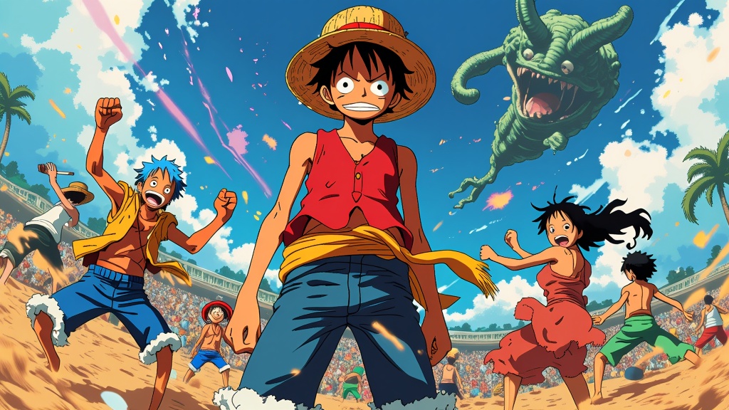 A high-action One Piece wallpaper showcasing the crew in battle formation, with Luffy in the foreground leading as each member displays their distinct fighting styles.