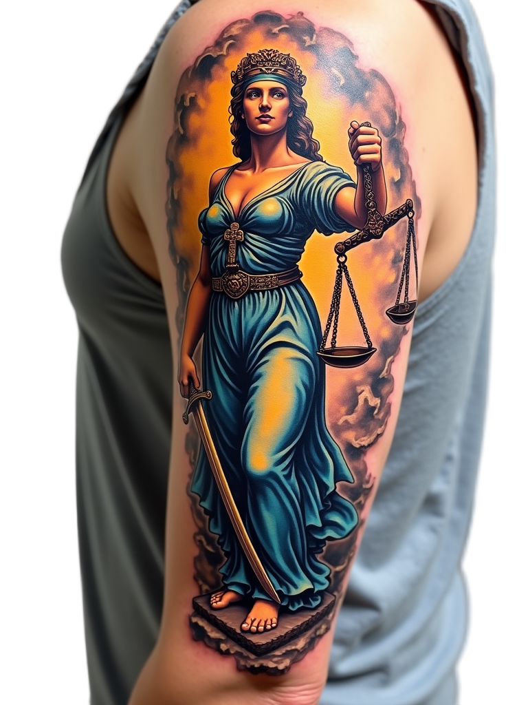 A detailed and colorful tattoo of Lady Justice adorns the bicep of an individual, showcasing her iconic blindfold representing impartiality.