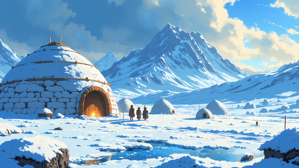 An impressive vista of the Southern Water Tribe, with intricate igloos glistening under sunlight, capturing its resilience and cultural splendor.