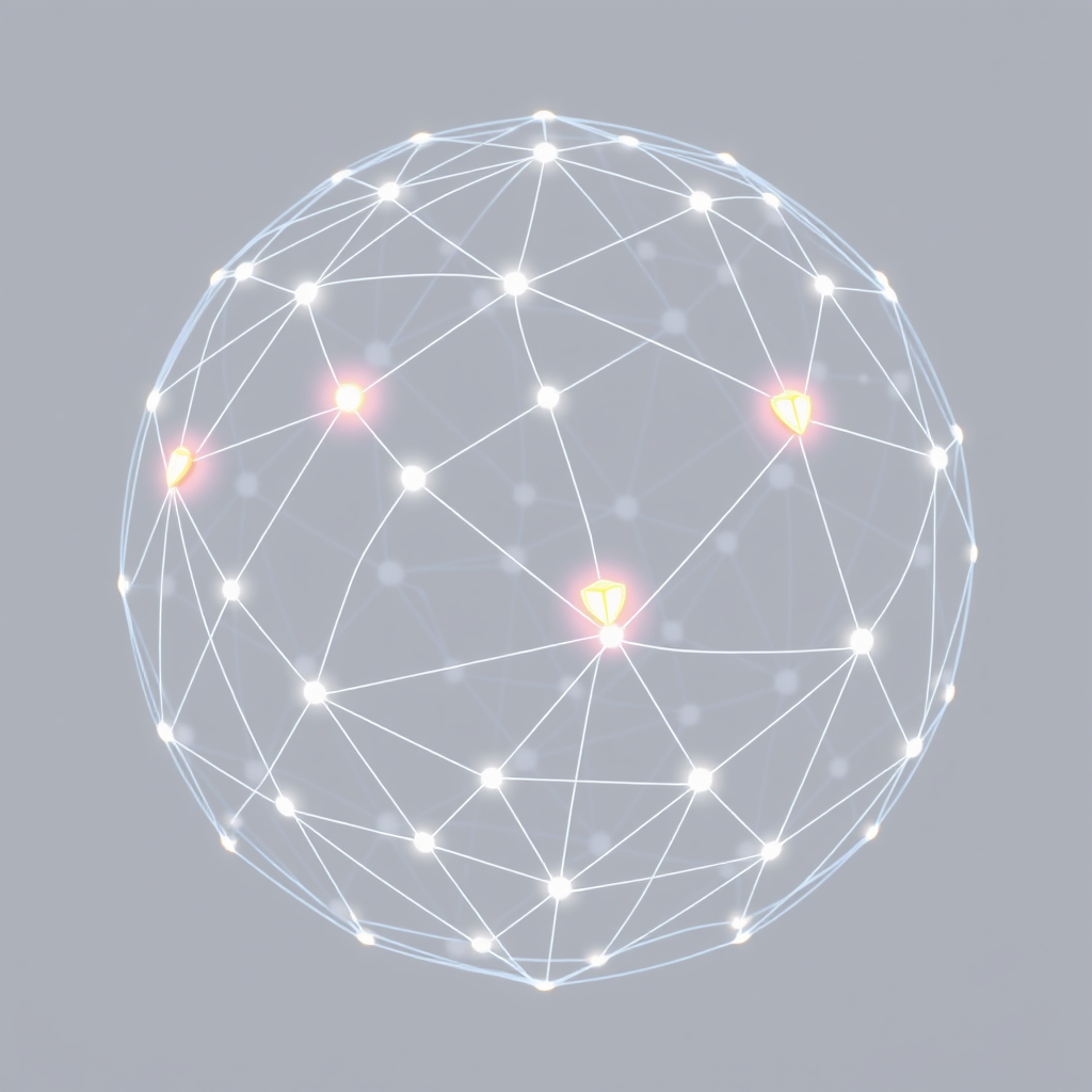 A wireframe or polygonal mesh globe to emphasize digital connectivity. Small, glowing 'guardian' nodes (stylized eyes, abstract sentinels, or compact shield shapes) are positioned at the intersections of the mesh. These nodes are interconnected by brighter lines, forming a visible web of defense across the globe, with subtle threat indicators (e.g., dark spots) contained or repelled by this network.