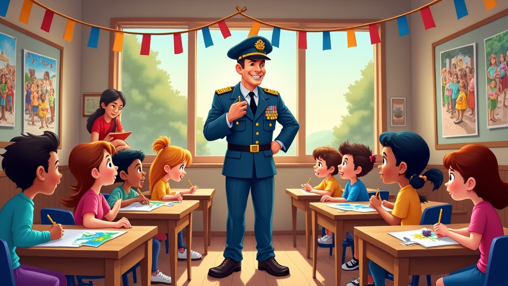 A cartoon picture of a bustling art class with children drawing and painting scenes of honor involving veterans. A veteran, filled with pride, stands by, offering advice and assistance. Awards of colorful ribbons and stars hang on the walls, intermixing the joy of art and historical reverence.