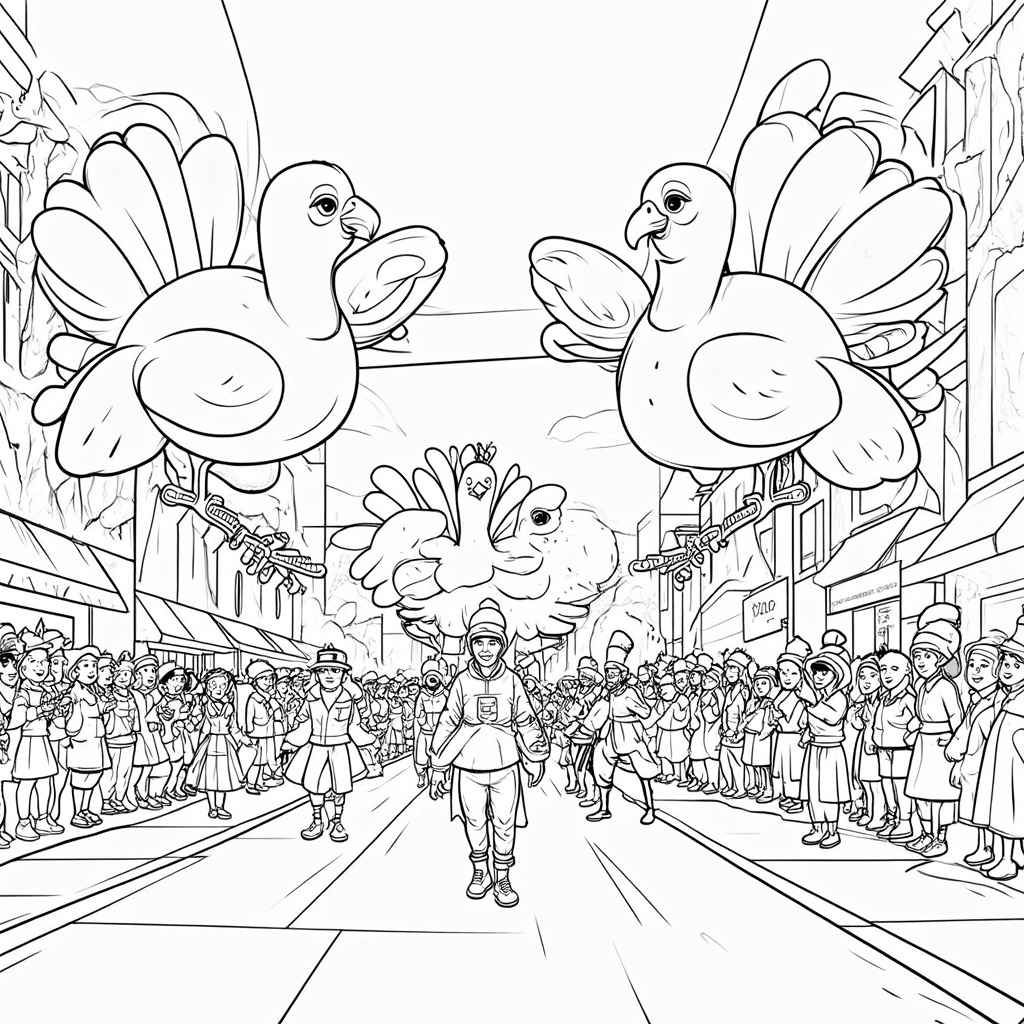 A detailed illustration of a Thanksgiving parade, complete with gigantic turkey balloons, colorfully dressed performers, marching bands, and excited onlookers grinning from the sidewalks.