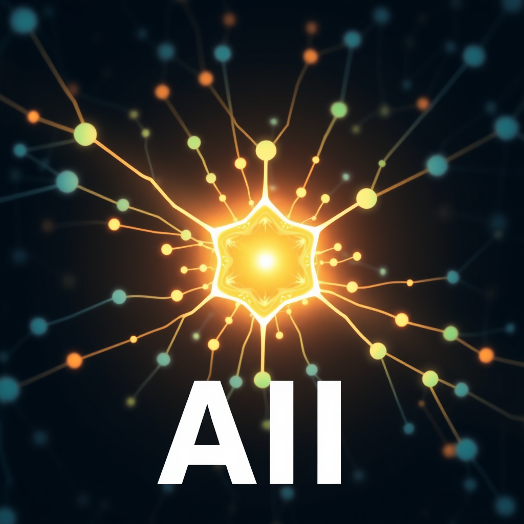 An abstract neural network where nodes connect and a central node brightly glows or emits a new abstract form, symbolizing Generative AI's process and the 'Spark of AI' inspired by a Digital Muse.