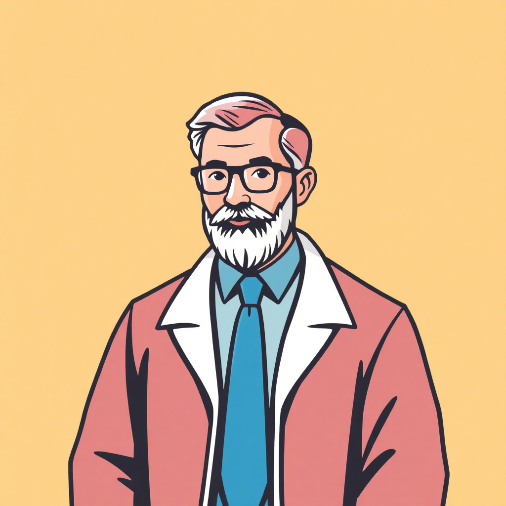 The image is an illustration of a man with a white beard and glasses. He is wearing a pink jacket and a blue tie. The background is a light peach color. The man has a serious expression on his face and is looking directly at the viewer. He appears to be in his late 40s or early 50s. The illustration is done in a cartoon-like style with bold lines and bright colors.