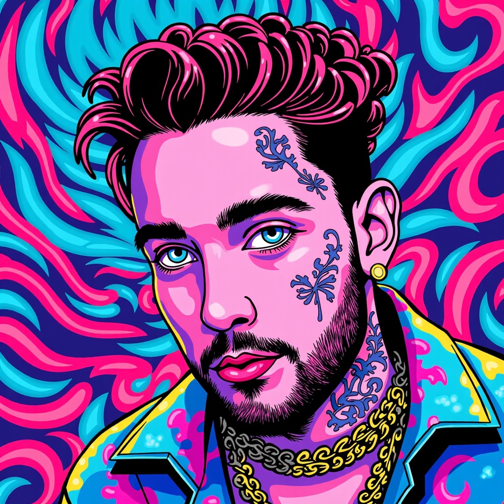 Melting Malone: Illustrate Post Malone's portrait with his signature tattoos and features morphing into vibrant, psychedelic swirls. Use a color palette of neon pinks, electric blues, and deep purples, with the background itself being a vortex of these swirling patterns.