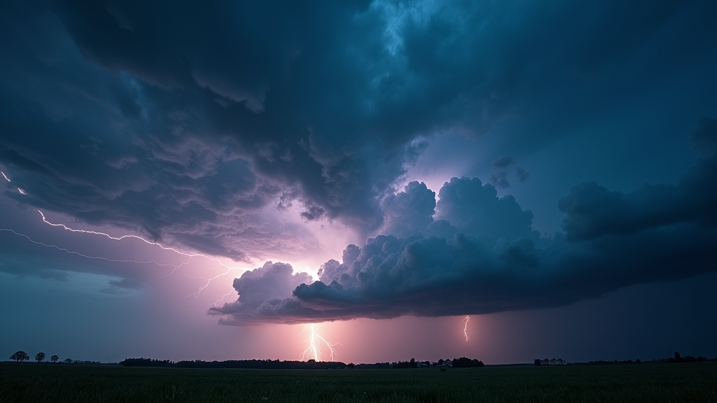 Wallpaper of a thunderstorm captured at the brink of dawn. A gentle light begins to bathe the horizon, illuminating a sky charged with lightning. The delicate balance between the emerging day and the storm alive above speaks of raw energy and peaceful beginnings, exemplifying nature's delicate interplay at twilight.