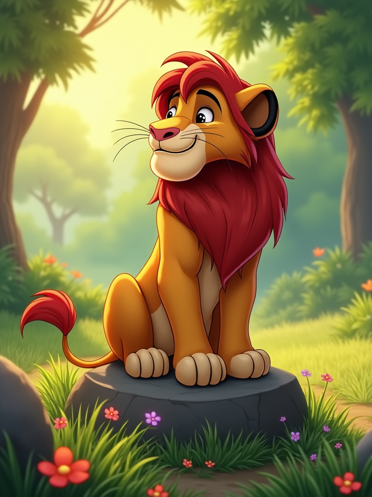 An elderly lion character with a kind, wrinkled face and a gentle smile, sitting on a rock, giving a sense of calm and age.