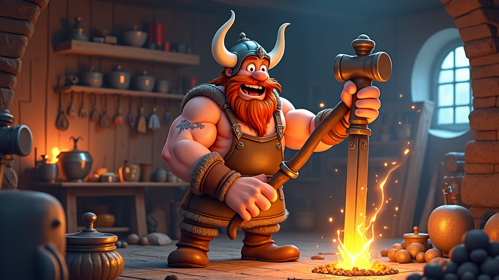 A narrative featuring a Viking blacksmith, illustrating the process of creating tools and weapons with comedic flair.