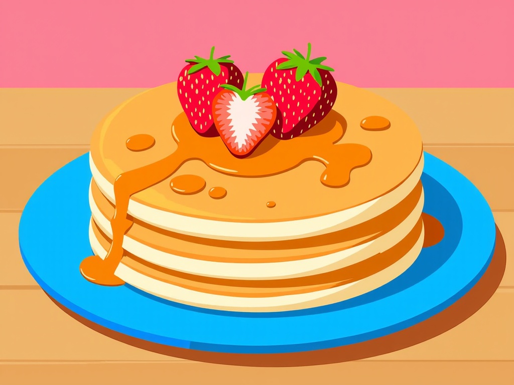 The image is an illustration of a stack of pancakes on a blue plate. The pancakes are golden brown and appear to be freshly made. On top of the stack, there are two fresh strawberries with green leaves. The plate is sitting on a wooden table with a pink background. There is also a drizzle of syrup on the plate, which is dripping down the sides of the pancakes. The overall color scheme of the image is warm and inviting.