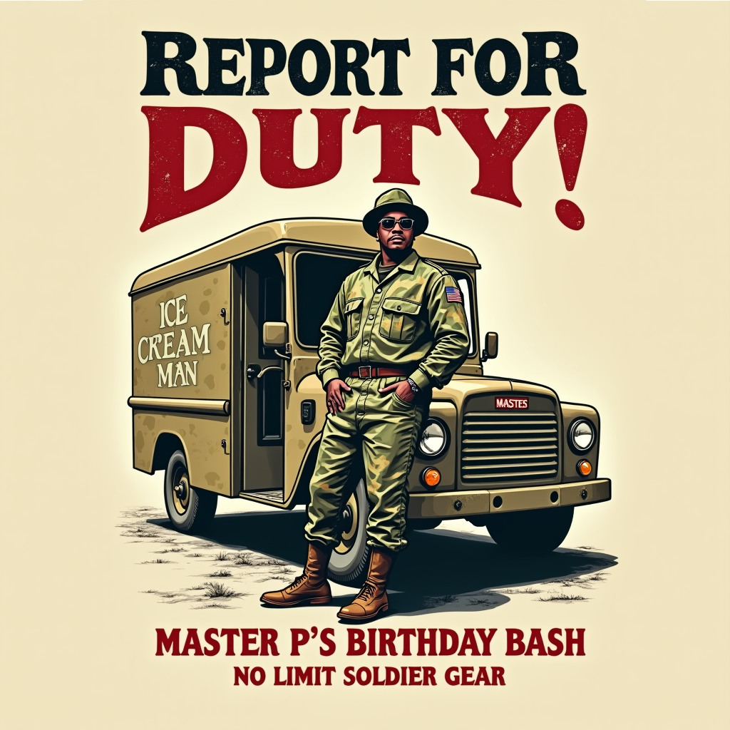 Vintage 'Ice Cream Man' Soldier Call: A retro design inspired by '40s-'50s military recruitment posters with a hip-hop flair. Illustration of Master P in a stylized 'soldier' pose, perhaps with a subtle nod to the 'Ice Cream Man' album (e.g., camo ice cream truck). Text: 'REPORT FOR DUTY! Master P's Birthday Bash - No Limit Soldier Gear.' Use a distressed, vintage aesthetic.