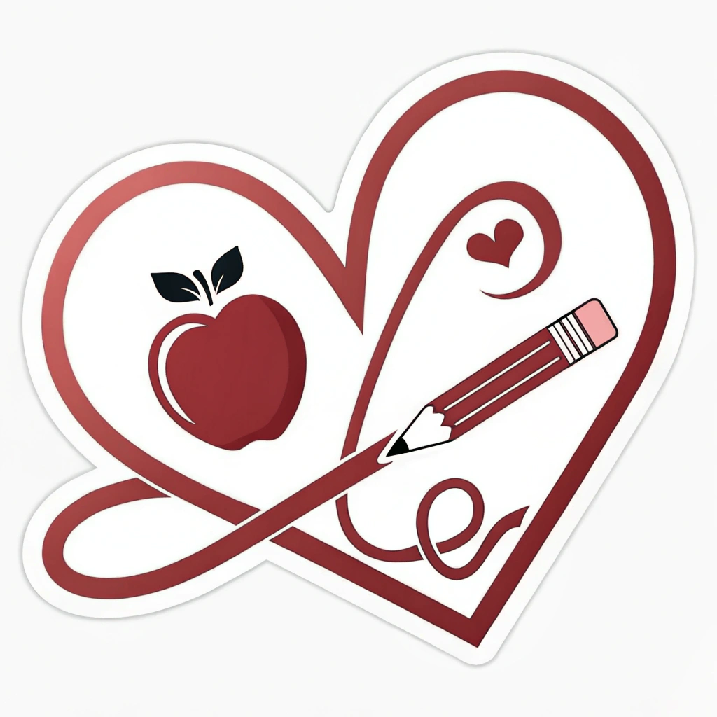 Simple Icon Idea for Teacher Dedication Sticker: A heart symbol with an apple silhouette cleverly integrated within it, or an infinity symbol smoothly transitioning into a pencil.