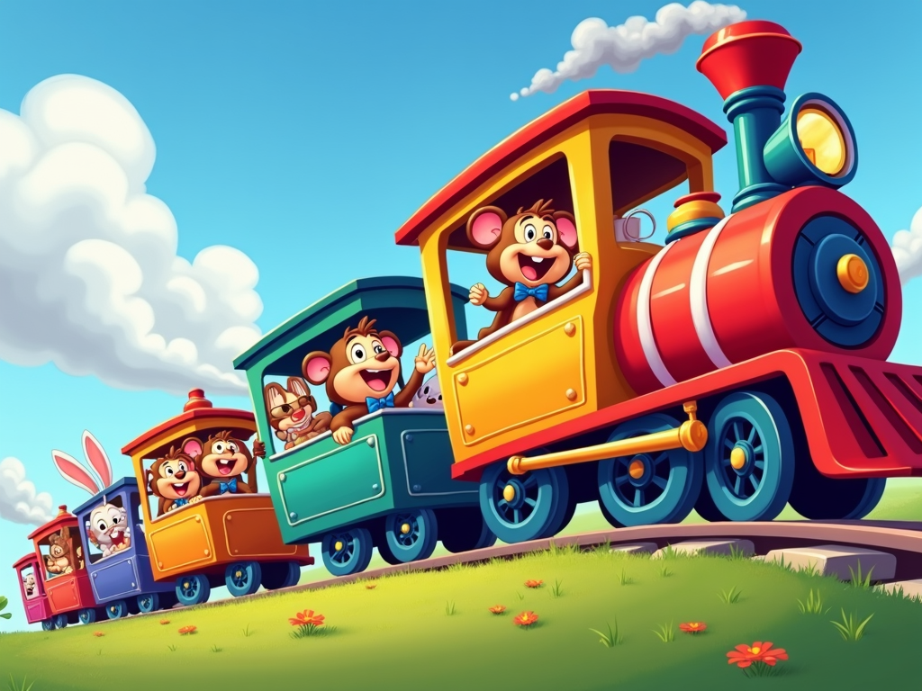 A cartoon train with each car painted a different color of the rainbow, filled with happy animal passengers.