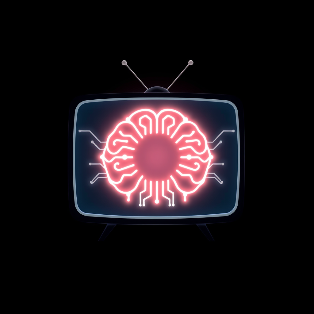 Sub-Design Idea 3: Cognitive Core Glow. A central, glowing orb or a stylized 'brain' circuit icon subtly visible *through* or *on* the TV screen icon, suggesting the AI as the 'mind' of the television. The glow is focused.