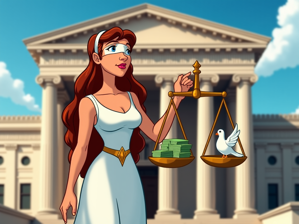 A cartoon illustrating Lady Justice in front of a government building, her scales evenly balanced between money and a dove, signifying the tension between economic power and peace.