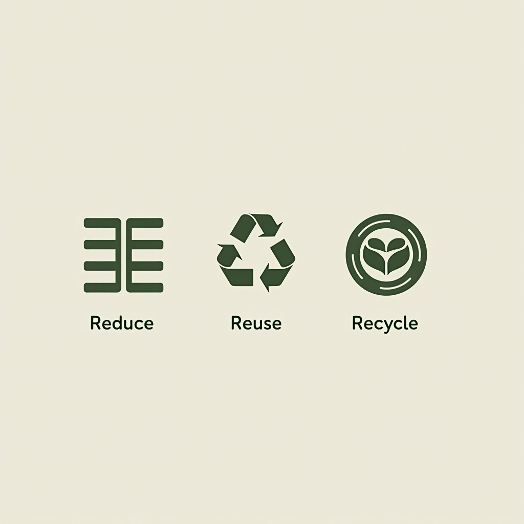 A compact, unified logo mark created by arranging the three minimalist sustainability icons (Reduce, Reuse, Recycle) in a balanced horizontal line, a tight vertical stack, or a circular/triangular emblem configuration, suitable for a subtle brand-like statement on the T-shirt.