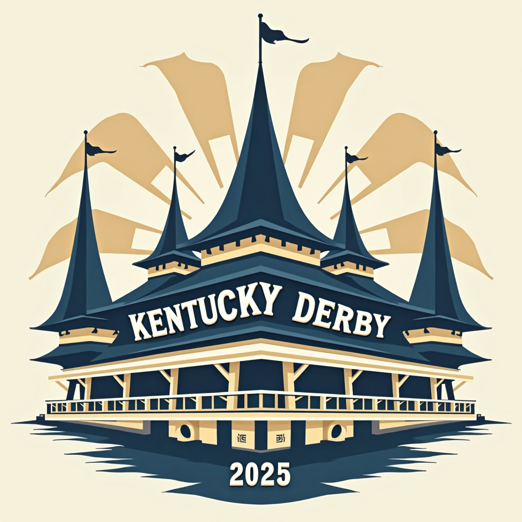 A stylized, almost abstract depiction of the grandstand and spires, using bold geometric shapes and a limited color palette (e.g., navy, cream, and gold). 'Kentucky Derby 2025' integrated into the design elements.