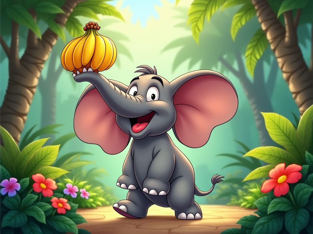 Trunky, the elephant, happily using his trunk to reach a bunch of bananas, celebrating a small victory with a big, joyful smile.