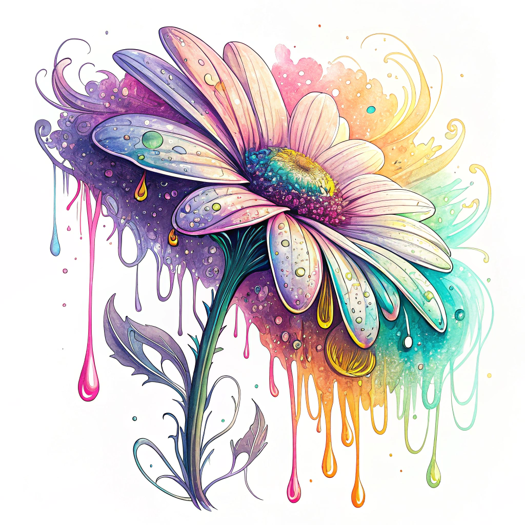 Psychedelic Neon Drip Daisy: An abstract daisy formed by swirling, melting, or dripping neon colors, suggesting a fluid and dynamic bloom. The edges could be soft and glowing, emphasizing the 'fusion' aspect with an organic, almost liquid-light feel.