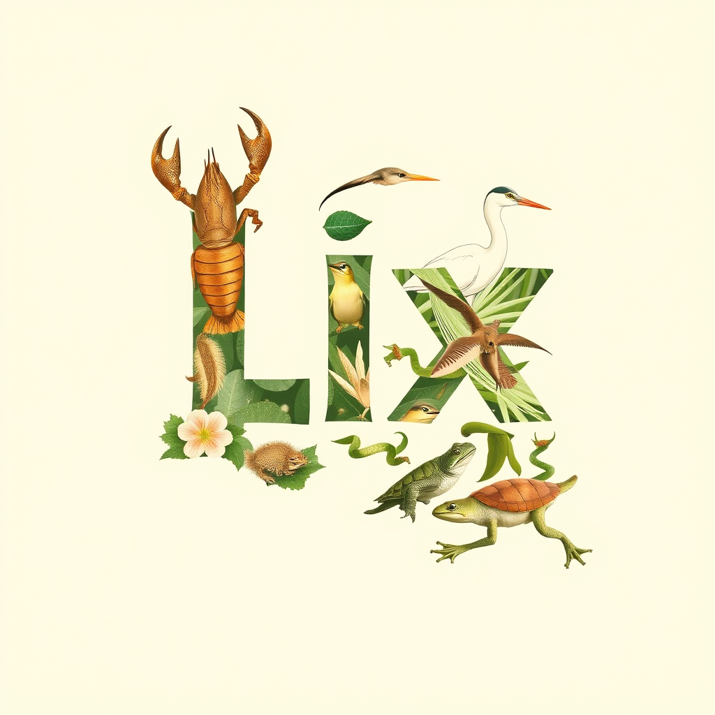 Sub Design Idea 4: 'Louisiana Life LIX' - A dynamic composition where a collage of iconic Louisiana wildlife (e.g., crawfish, egret, turtle, frog) comes together to subtly form the shape of 'LIX' or frame it. The style could be slightly abstract or illustrative.