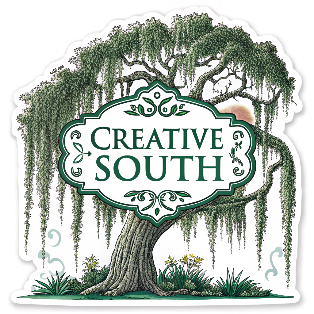 Sticker with an illustration of Spanish moss dripping over the Creative South logo.