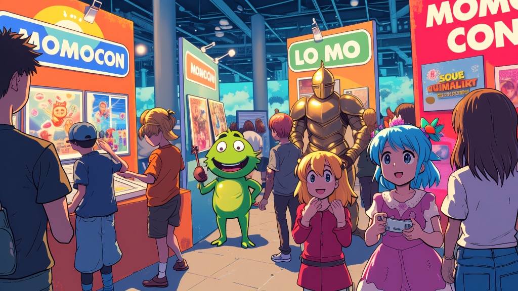MomoCon Montage Moments: Create illustrations showing classic characters experiencing MomoCon as attendees or special guests – perhaps admiring fan art, participating in a game demo, or posing for a group photo with fans, all in a lively, colorful style that screams convention energy.