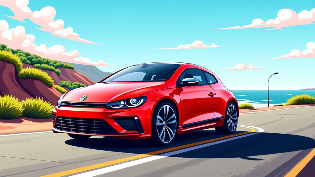 The image is a digital illustration of a red Volkswagen Scirocco car driving on a winding road near the ocean. The car is in the center of the image, with the ocean on the right side and a hill on the left side. The sky is blue with white clouds and the ocean is visible in the background. The road is lined with yellow and white stripes, and there are plants and shrubs on both sides of the road. The Volkswagen logo is prominently displayed on the front of the car. The overall color scheme of the illustration is bright and vibrant, with shades of blue, green, and yellow.