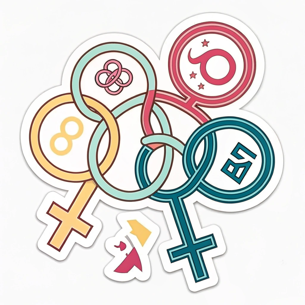 A logo featuring intertwined female symbols of different colors to represent unity and diversity in gender equality advocacy.