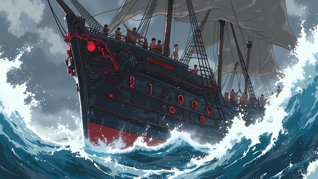 A detailed image of a Fire Nation ship navigating stormy seas, its industrial design emphasizing the empire's vast reach and power.