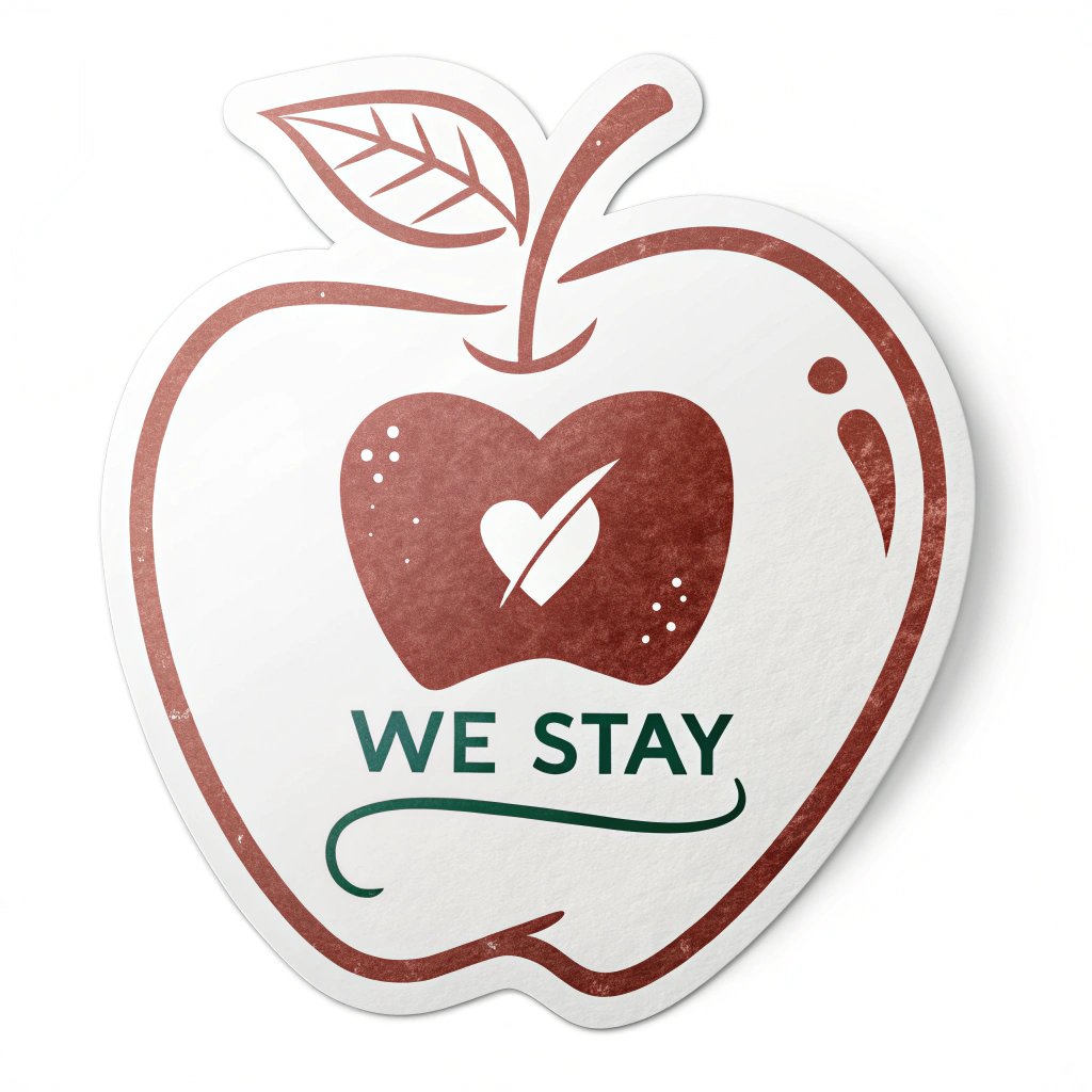 Simple Icon Idea: An apple silhouette with a heart shape cut out or glowing within it. The text 'We Stay' in a clean, friendly font is placed underneath or alongside.