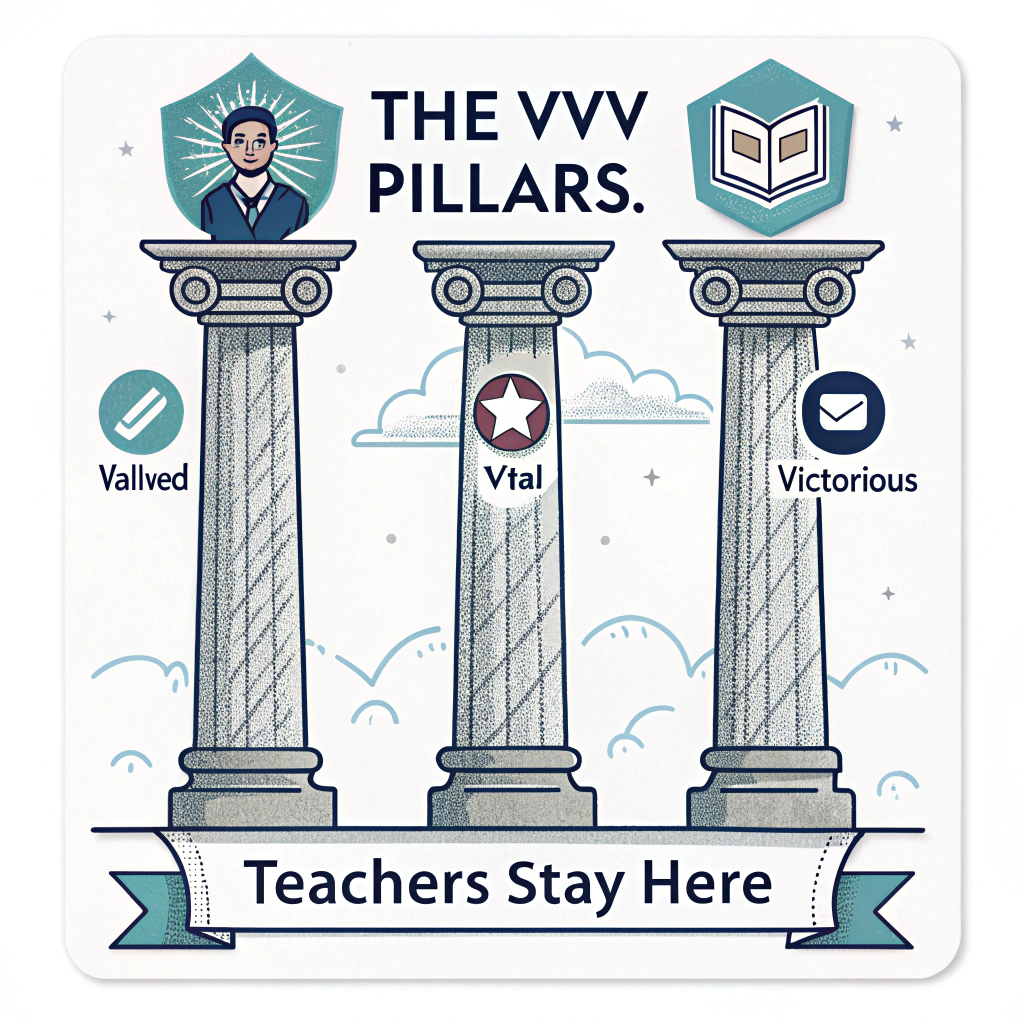 Sticker Design 4: 'The VVV Pillars.' Three stylized pillars, each subtly representing 'Valued,' 'Vital,' and 'Victorious' (e.g., with tiny icons). The phrase 'Teachers Stay Here' forms a strong foundation or archway. Palette: stone grays, classic blues, dignified accents.