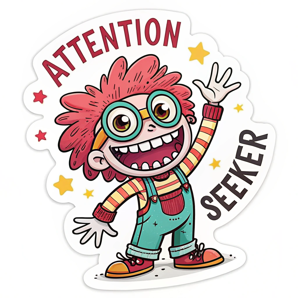 The image shows a white background with a cartoon sticker of a person with the words 