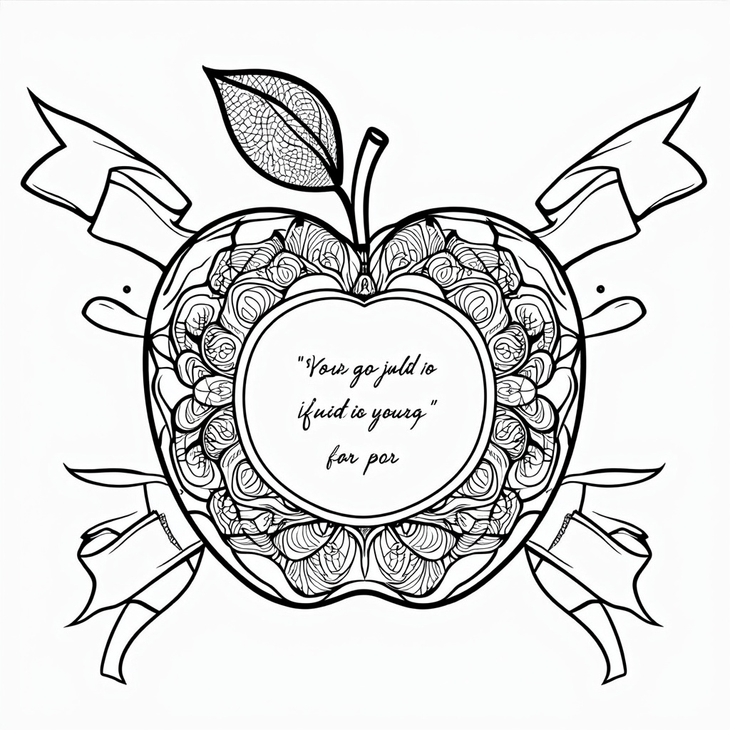 Apple Mandala/Zentangle Style: The apple shape filled with intricate mandala or Zentangle patterns, with the inspirational quote artfully integrated into a central clear space or a flowing ribbon banner.