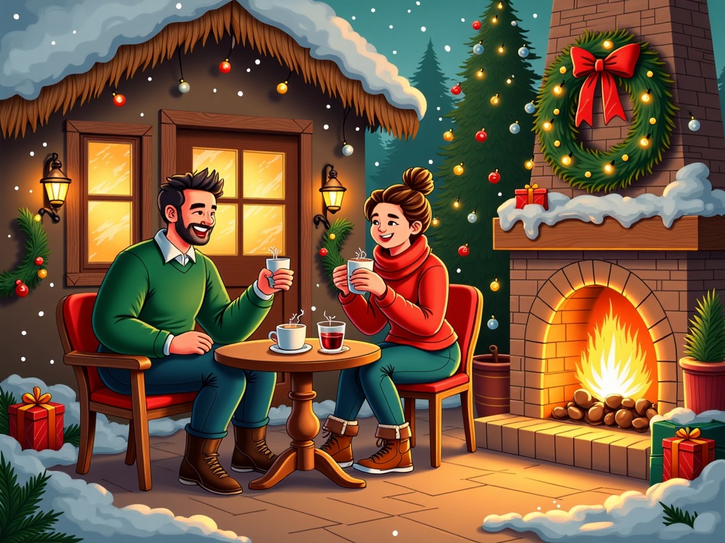  a young couple sitting at a small wooden table in front of a cozy cottage with a thatched roof. The cottage is decorated with Christmas lights and a wreath on the chimney. The couple is holding cups of coffee and smiling at each other. There is a fireplace on the right side of the image with a fire burning inside. The ground is covered in snow and there are gift boxes scattered around. The overall atmosphere is festive and cozy.